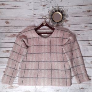 JOA pink loose fit gray & white plaid wool & mohair blend sweater